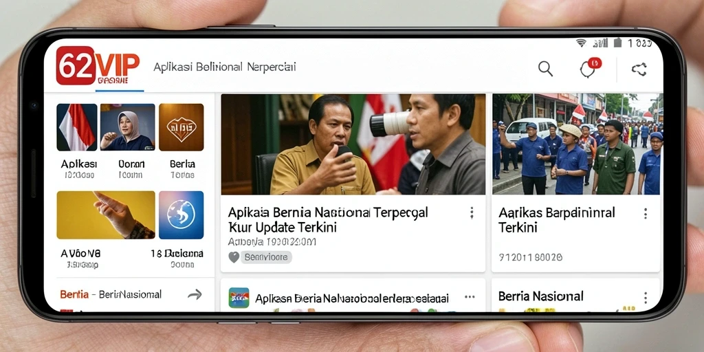 Antarmuka aplikasi 62VIP yang menampilkan berita nasional terkini.