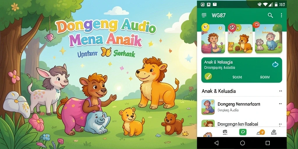 Antarmuka aplikasi WG87 dengan pilihan dongeng audio yang menarik.